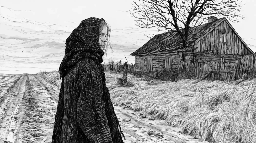 Pencil and ink sketch of a woman in a dark headscarf on a dirt road beside an abandoned wooden house, crosses of a village cemetery in the distance